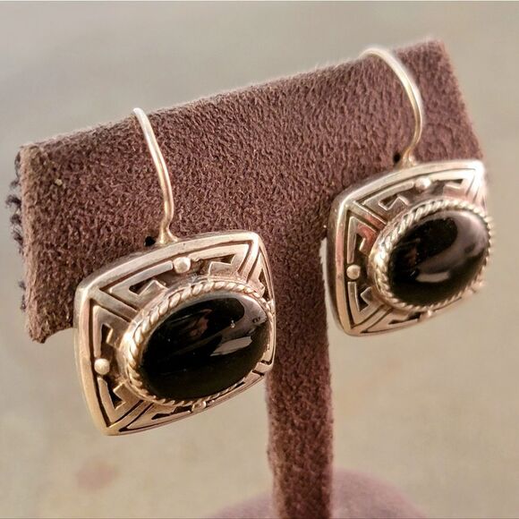 Vintage Sterling Southwestern Design Onyx Dangle Drop Earrings - Picture 3 of 9
